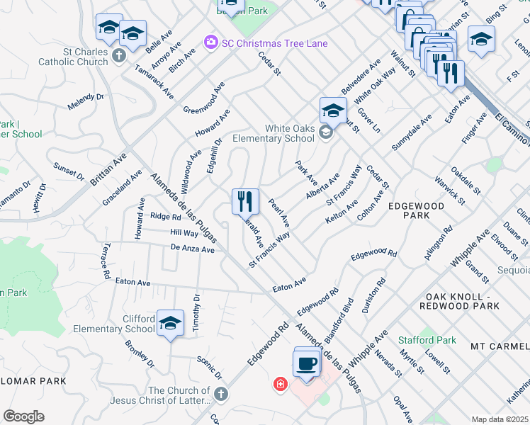 map of restaurants, bars, coffee shops, grocery stores, and more near 143 Ruby Avenue in San Carlos
