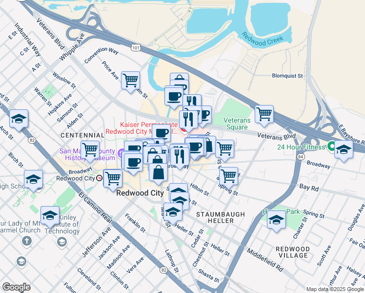 map of restaurants, bars, coffee shops, grocery stores, and more near 1001 Marshall Street in Redwood City