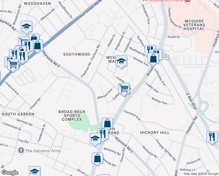 map of restaurants, bars, coffee shops, grocery stores, and more near 2110 Allwood Ave in Richmond