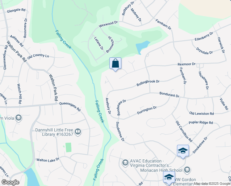 map of restaurants, bars, coffee shops, grocery stores, and more near 11921 Bollingbrook Drive in Richmond
