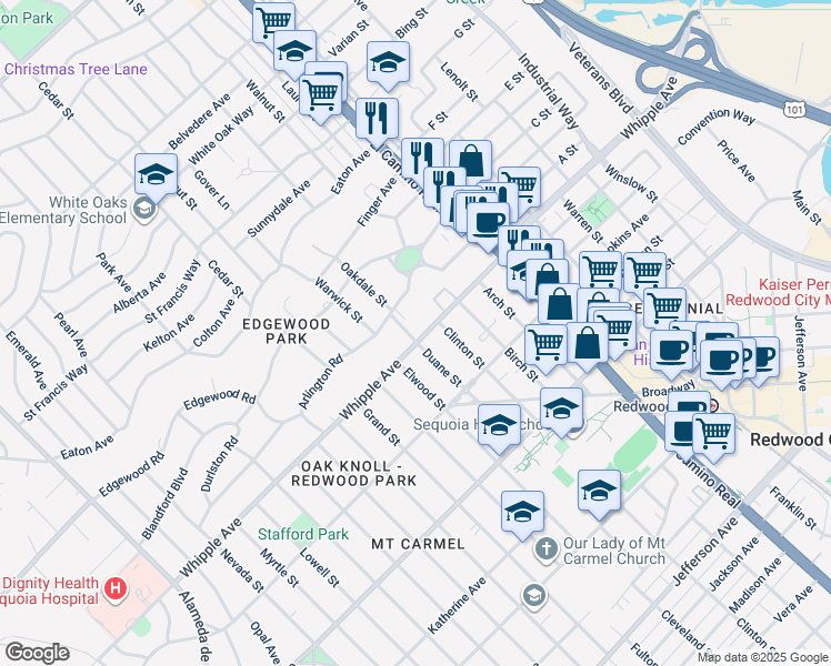 map of restaurants, bars, coffee shops, grocery stores, and more near 1338 Whipple Avenue in Redwood City