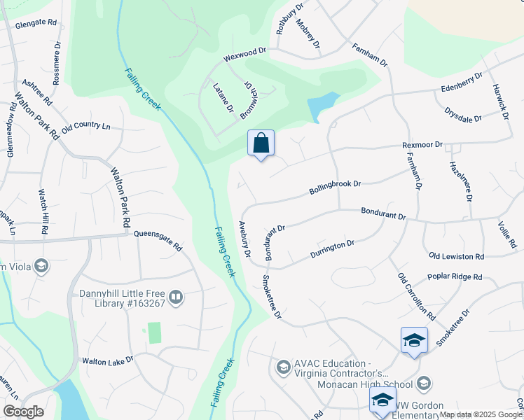map of restaurants, bars, coffee shops, grocery stores, and more near 11921 Bollingbrook Drive in Richmond