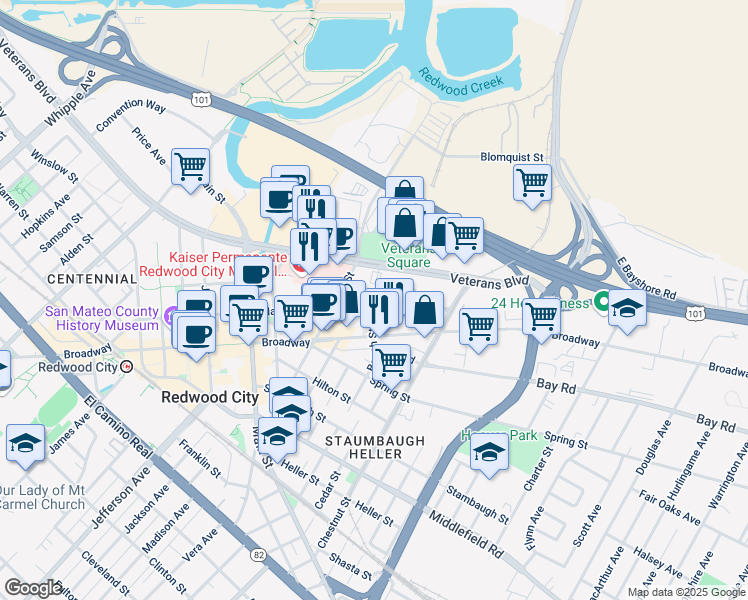 map of restaurants, bars, coffee shops, grocery stores, and more near 1291 Marshall Street in Redwood City