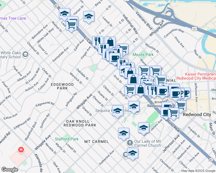 map of restaurants, bars, coffee shops, grocery stores, and more near 43 Clinton Street in Redwood City