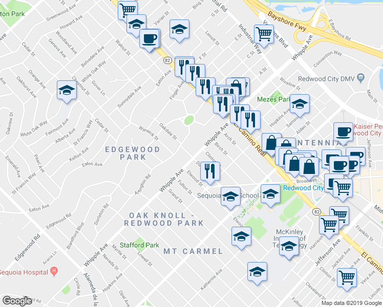 map of restaurants, bars, coffee shops, grocery stores, and more near 1305 Whipple Avenue in Redwood City