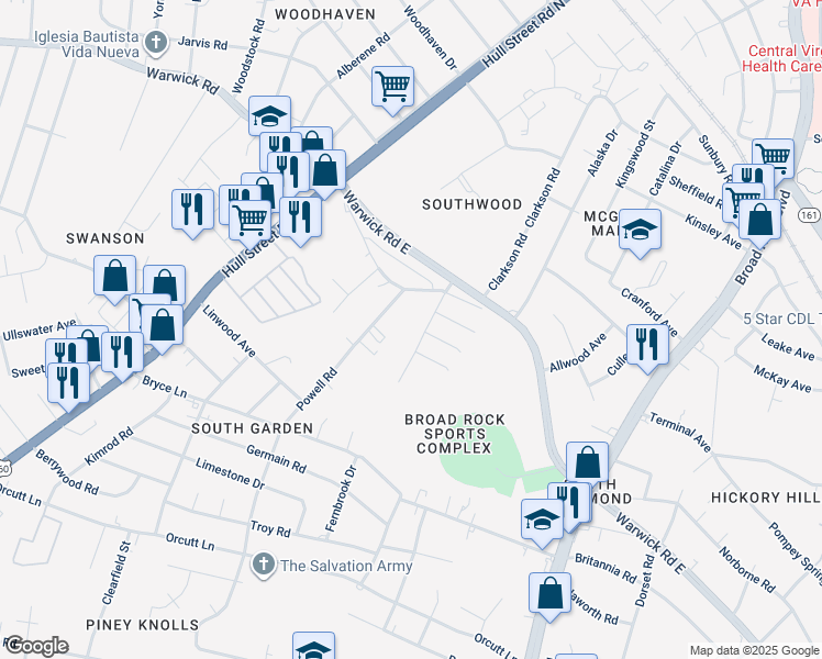 map of restaurants, bars, coffee shops, grocery stores, and more near 1800 Fernbrook Drive in Richmond