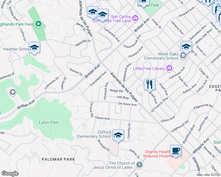 map of restaurants, bars, coffee shops, grocery stores, and more near 418 Ridge Road in San Carlos
