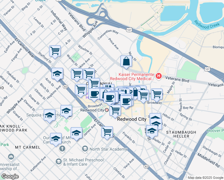 map of restaurants, bars, coffee shops, grocery stores, and more near 400 County Center in Redwood City