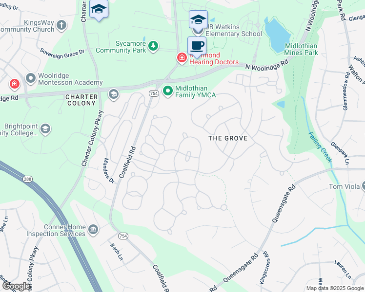 map of restaurants, bars, coffee shops, grocery stores, and more near 813 Biggin Pond Road in Midlothian