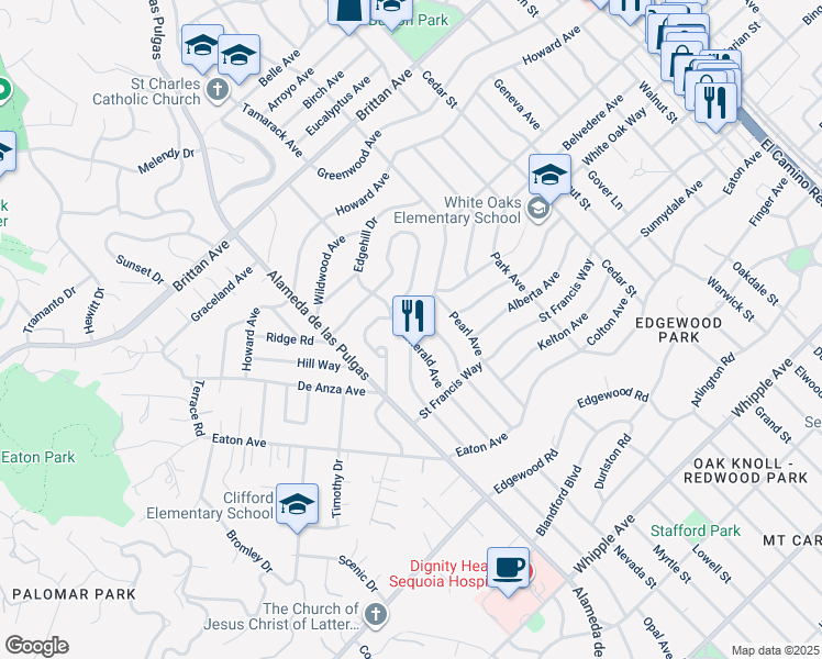 map of restaurants, bars, coffee shops, grocery stores, and more near 1623 Cordilleras Avenue in San Carlos