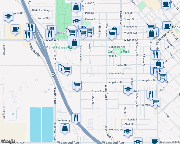 map of restaurants, bars, coffee shops, grocery stores, and more near 1061 Vermont Avenue in Turlock