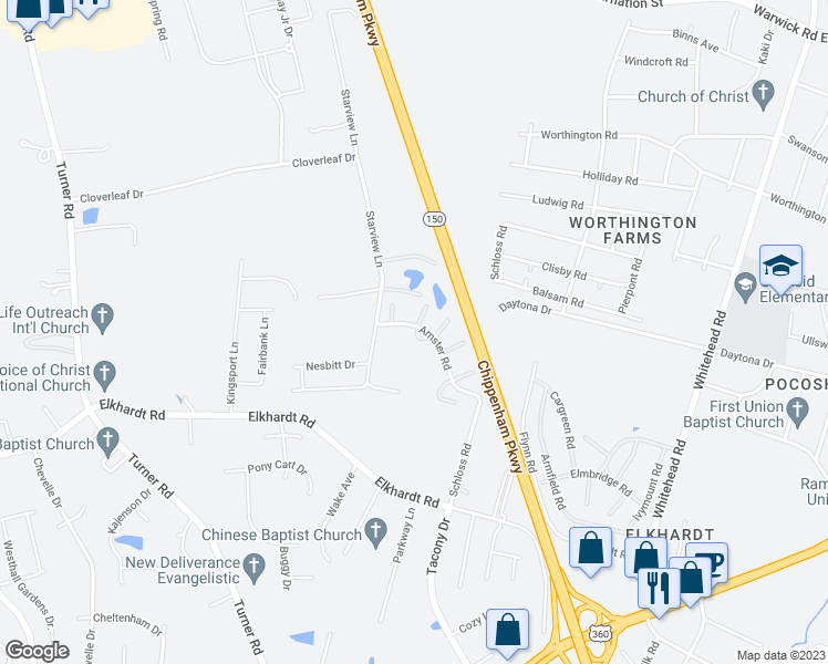 map of restaurants, bars, coffee shops, grocery stores, and more near 6931 Amster Road in Richmond