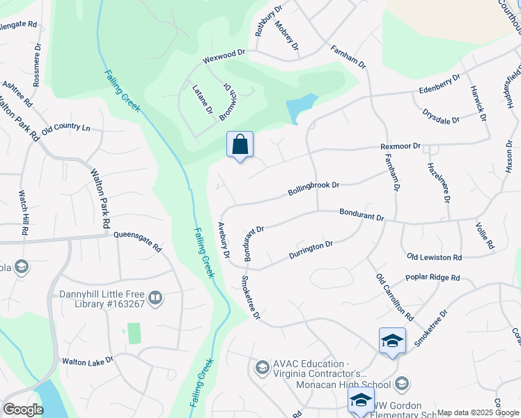 map of restaurants, bars, coffee shops, grocery stores, and more near 11901 Bollingbrook Drive in Richmond