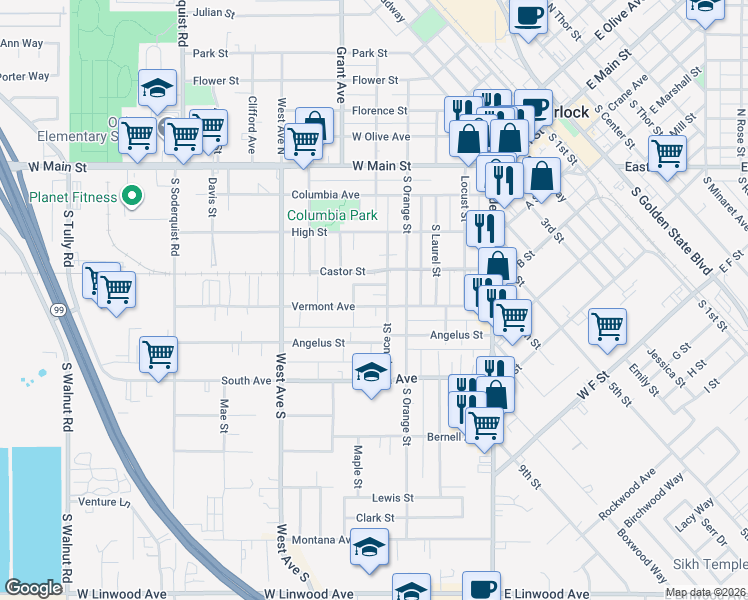 map of restaurants, bars, coffee shops, grocery stores, and more near 420 Vermont Avenue in Turlock