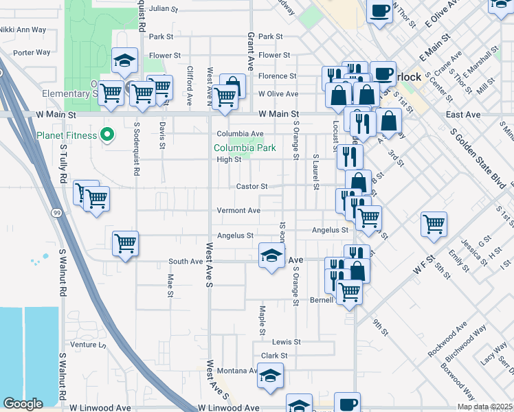 map of restaurants, bars, coffee shops, grocery stores, and more near 561 Vermont Avenue in Turlock