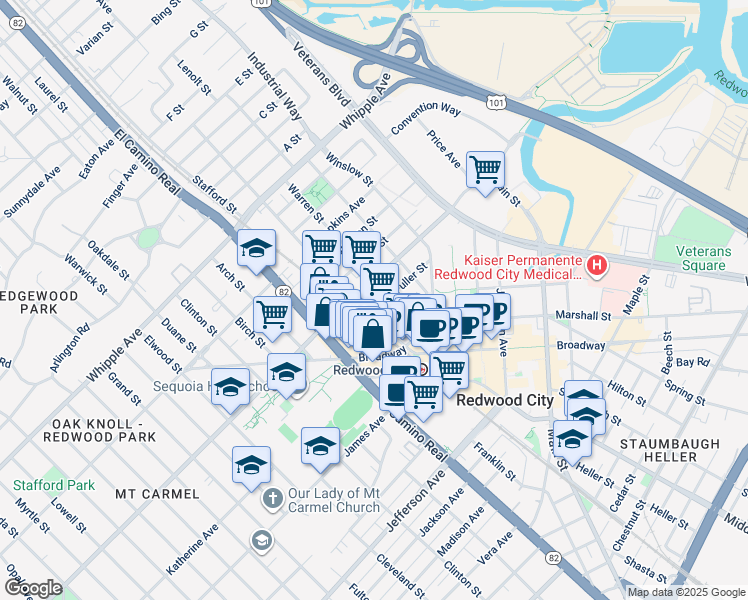 map of restaurants, bars, coffee shops, grocery stores, and more near 500 Arguello Street in Redwood City