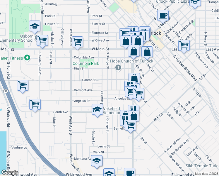 map of restaurants, bars, coffee shops, grocery stores, and more near 432 South Orange Street in Turlock