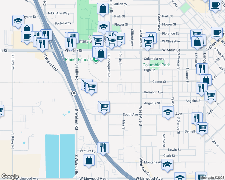 map of restaurants, bars, coffee shops, grocery stores, and more near 1170 Vermont Avenue in Turlock