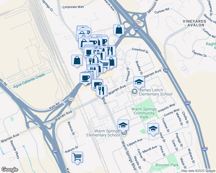 map of restaurants, bars, coffee shops, grocery stores, and more near 46928 Shale Common in Fremont
