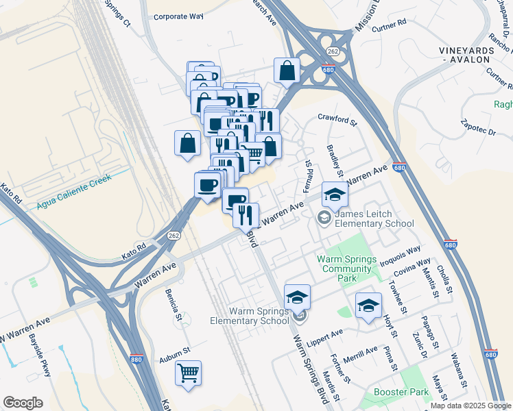 map of restaurants, bars, coffee shops, grocery stores, and more near 46928 Shale Common in Fremont
