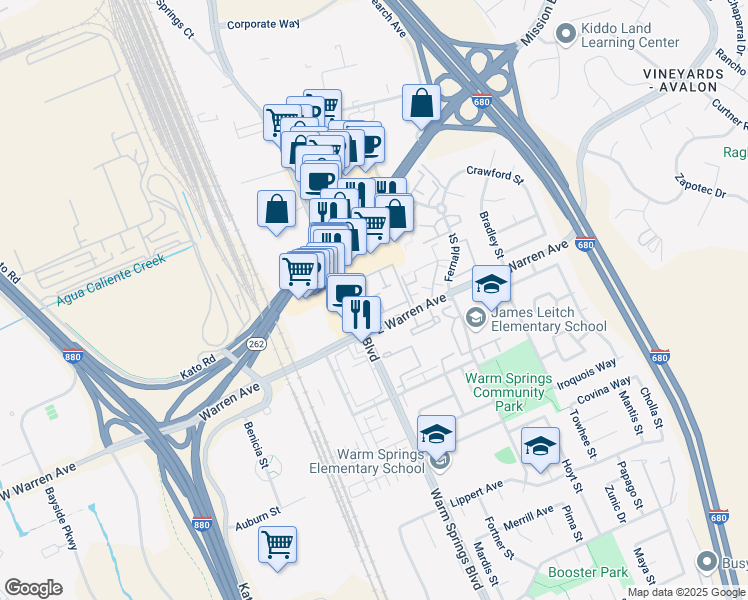 map of restaurants, bars, coffee shops, grocery stores, and more near 46960 Shale Common in Fremont