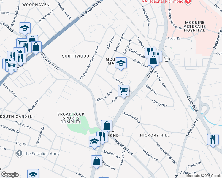 map of restaurants, bars, coffee shops, grocery stores, and more near 2110 Allwood Avenue in Richmond