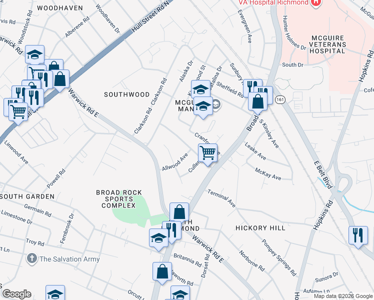 map of restaurants, bars, coffee shops, grocery stores, and more near 2110 Allwood Avenue in Richmond