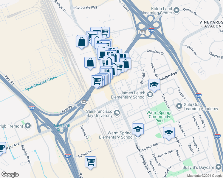 map of restaurants, bars, coffee shops, grocery stores, and more near 46847 Warm Springs Boulevard in Fremont