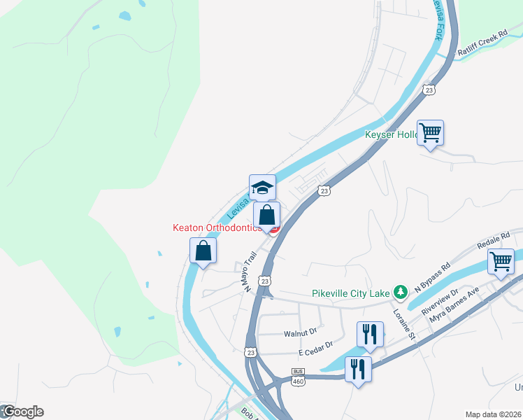 map of restaurants, bars, coffee shops, grocery stores, and more near 120 Championship Drive in Pikeville