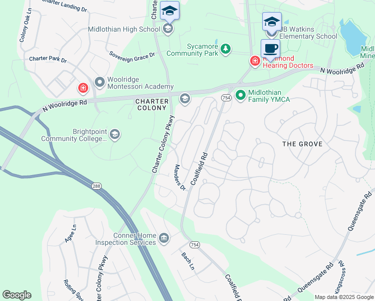 map of restaurants, bars, coffee shops, grocery stores, and more near 536 Abbey Village Circle in Midlothian