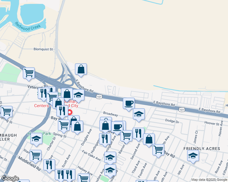 map of restaurants, bars, coffee shops, grocery stores, and more near 1933 East Bayshore Road in Redwood City