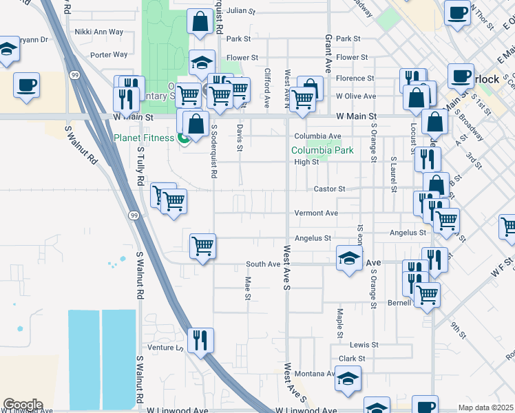 map of restaurants, bars, coffee shops, grocery stores, and more near 951 Vermont Avenue in Turlock