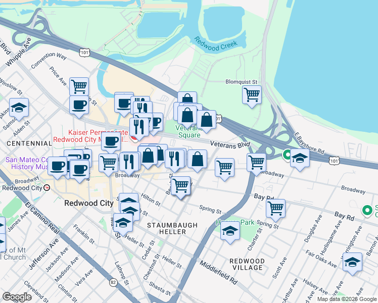 map of restaurants, bars, coffee shops, grocery stores, and more near 1405 Marshall Street in Redwood City