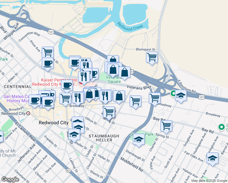 map of restaurants, bars, coffee shops, grocery stores, and more near 1405 Marshall Street in Redwood City