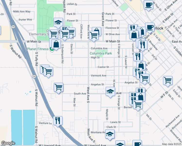 map of restaurants, bars, coffee shops, grocery stores, and more near 743 Vermont Avenue in Turlock