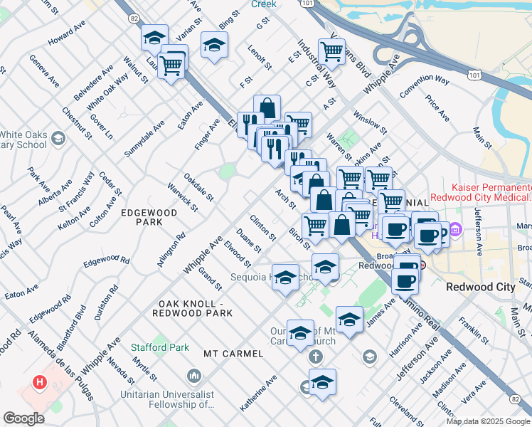 map of restaurants, bars, coffee shops, grocery stores, and more near 43 Clinton Street in Redwood City