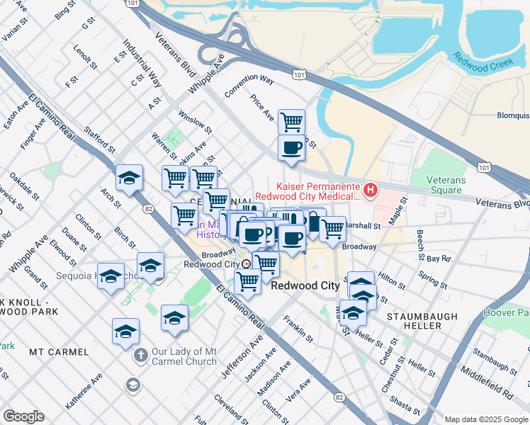 map of restaurants, bars, coffee shops, grocery stores, and more near 400 County Center in Redwood City