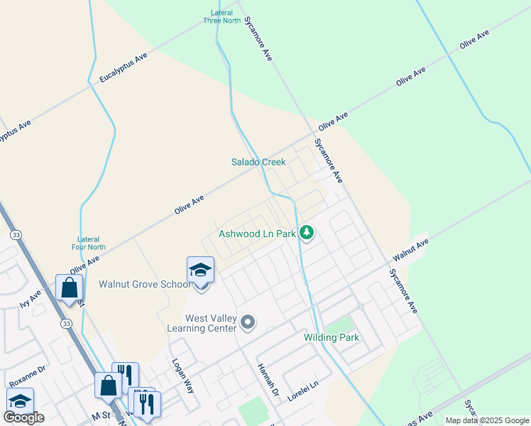 map of restaurants, bars, coffee shops, grocery stores, and more near 821 Ashwood Lane in Patterson