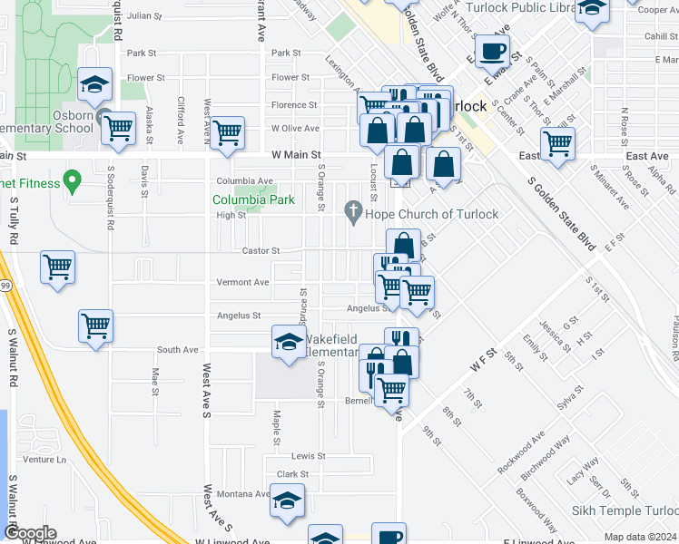 map of restaurants, bars, coffee shops, grocery stores, and more near 431 South Laurel Street in Turlock