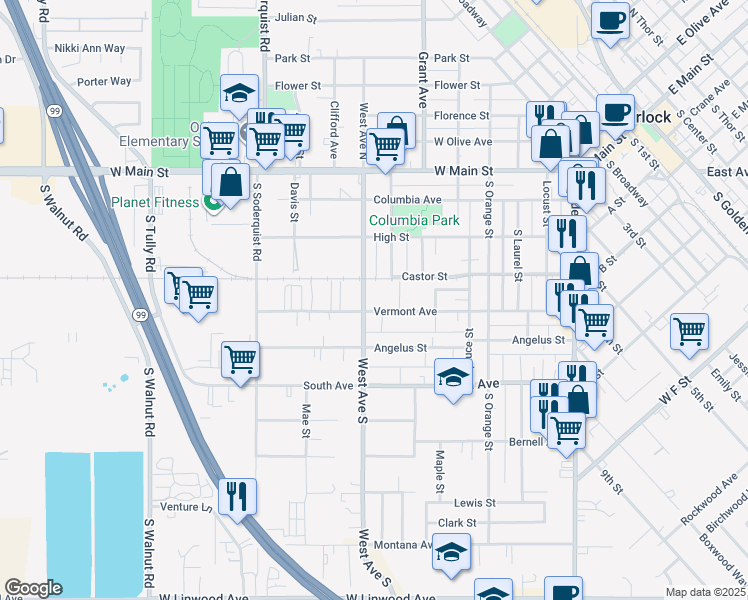 map of restaurants, bars, coffee shops, grocery stores, and more near 743 Vermont Avenue in Turlock