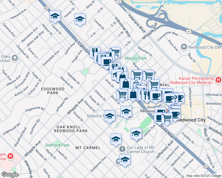 map of restaurants, bars, coffee shops, grocery stores, and more near in Redwood City