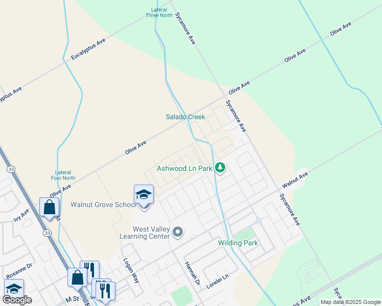map of restaurants, bars, coffee shops, grocery stores, and more near 821 Ashwood Lane in Patterson