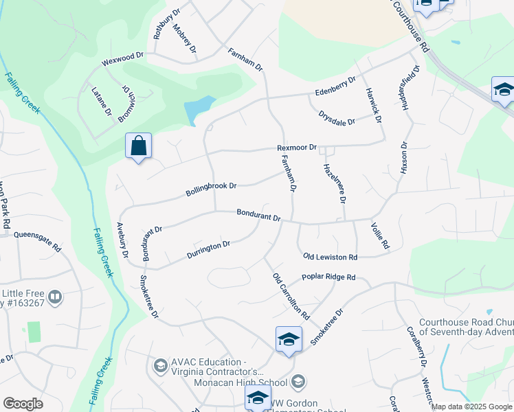 map of restaurants, bars, coffee shops, grocery stores, and more near 11602 Durrington Drive in Richmond