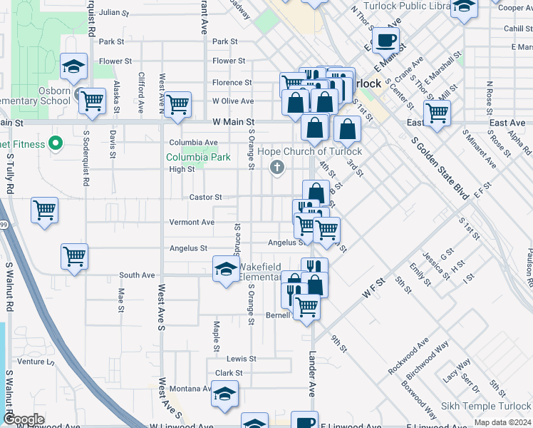 map of restaurants, bars, coffee shops, grocery stores, and more near 431 South Laurel Street in Turlock