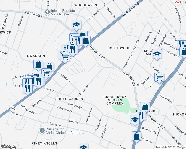 map of restaurants, bars, coffee shops, grocery stores, and more near 1835 Powell Road in Richmond