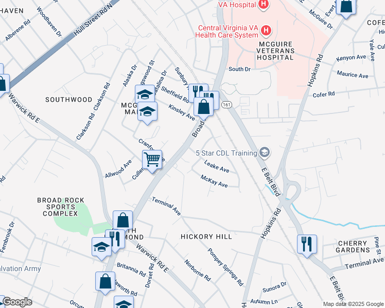 map of restaurants, bars, coffee shops, grocery stores, and more near 4213 Leake Avenue in Richmond