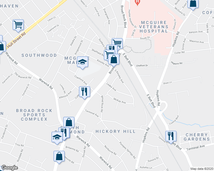 map of restaurants, bars, coffee shops, grocery stores, and more near 4213 Leake Avenue in Richmond