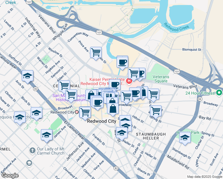 map of restaurants, bars, coffee shops, grocery stores, and more near 825 Marshall Street in Redwood City