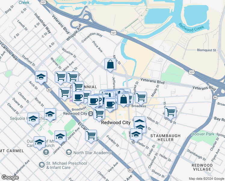 map of restaurants, bars, coffee shops, grocery stores, and more near 627 Middlefield Road in Redwood City