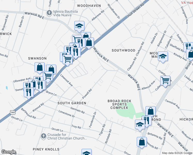map of restaurants, bars, coffee shops, grocery stores, and more near 1835 Powell Road in Richmond